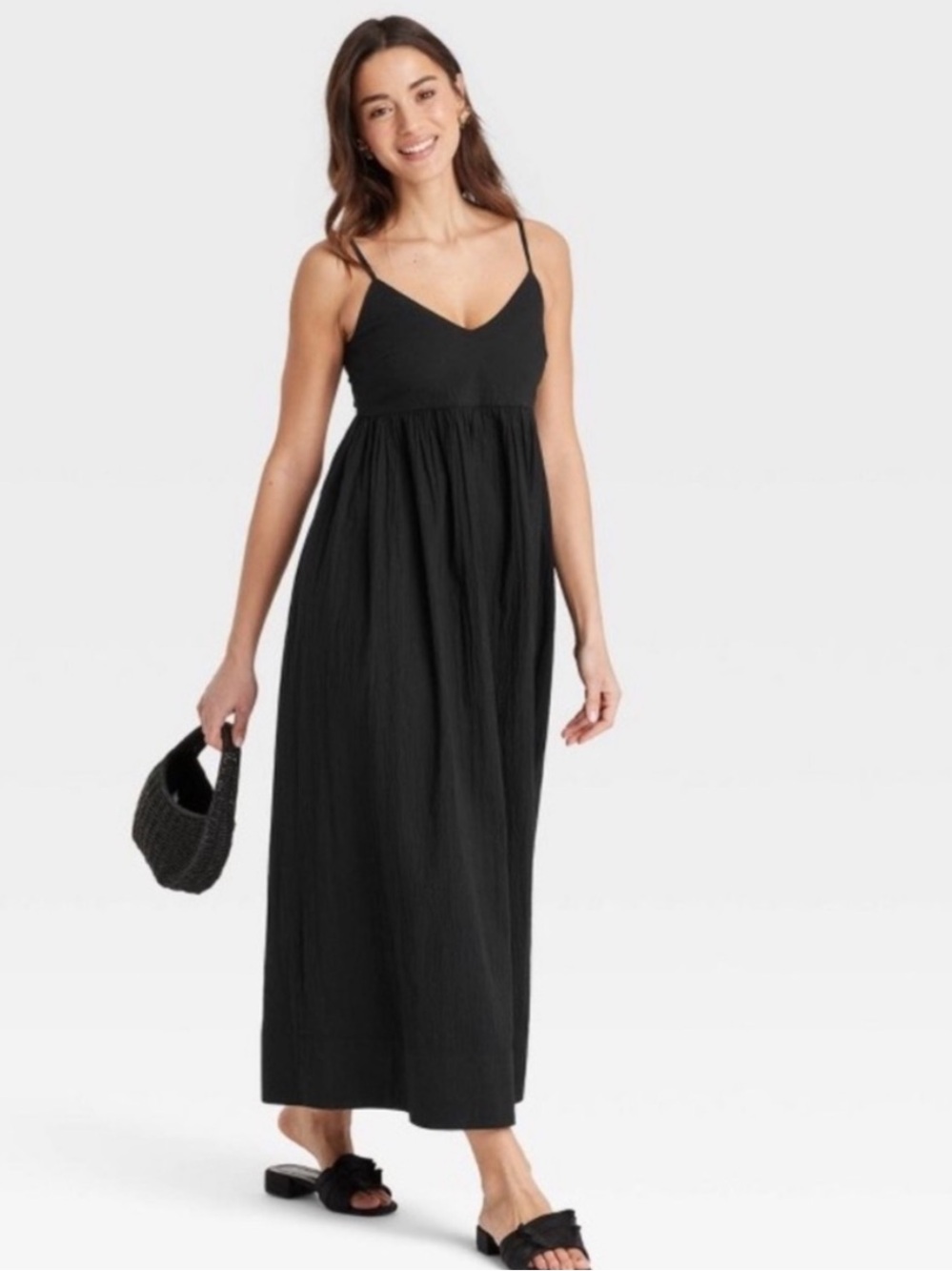 NWT Seersucker Black Spaghetti-Strap Maxi Dress